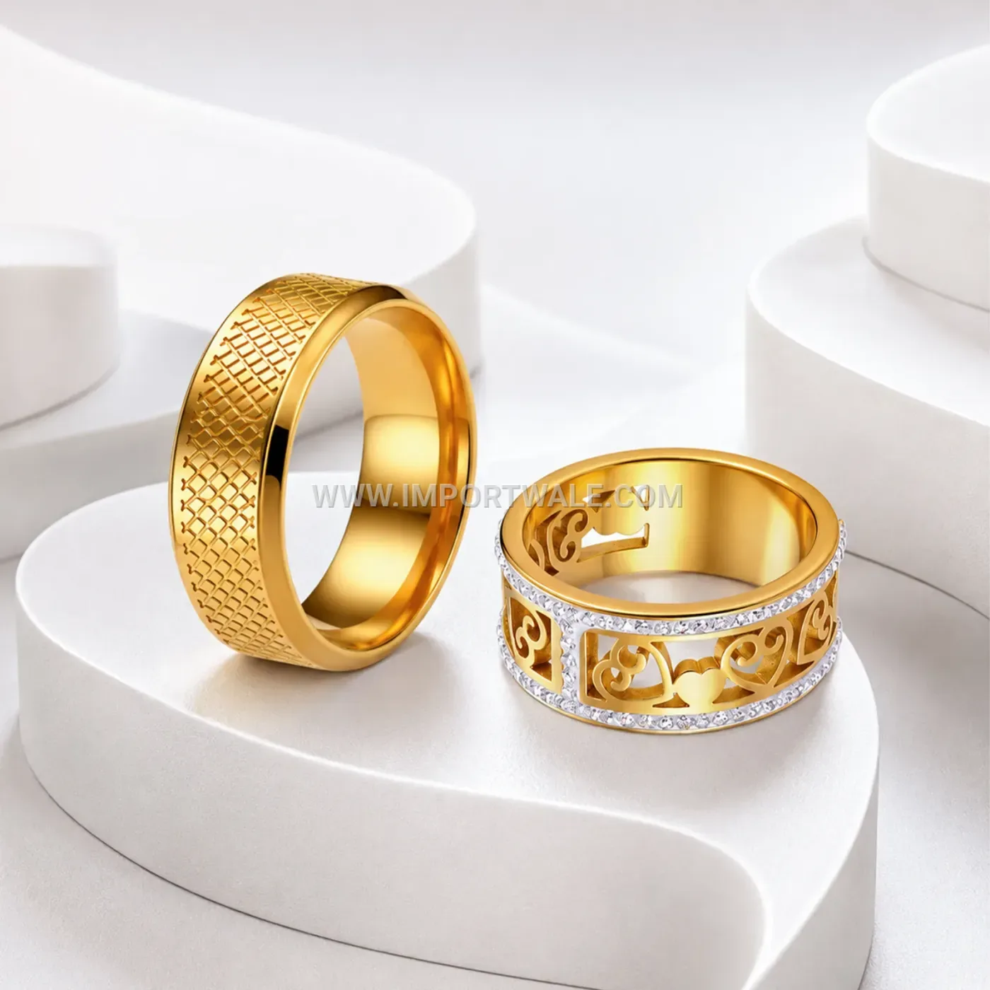 Cutout Heart Mesh Zirconia Stainless Steel Couple Band Ring