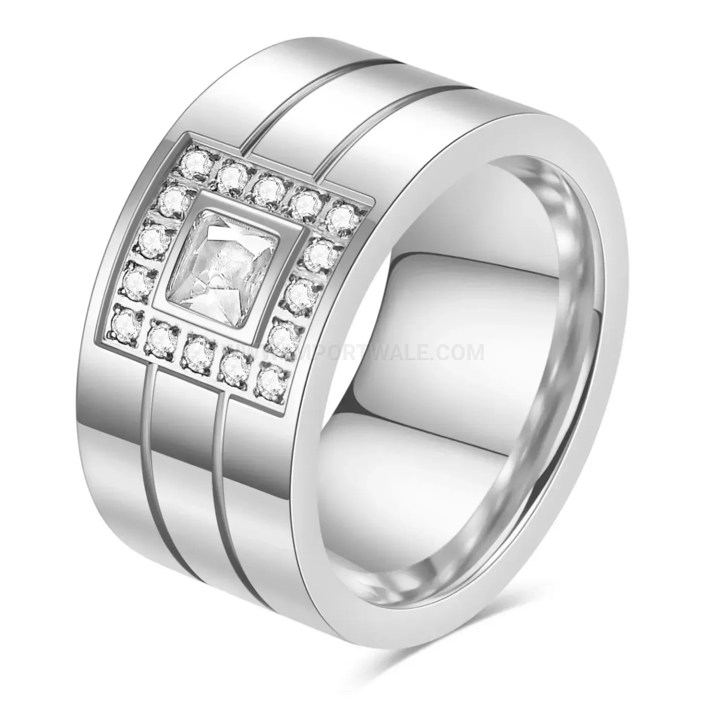 Geometric Square Zircon Inlaid Stainless Steel Statement Ring