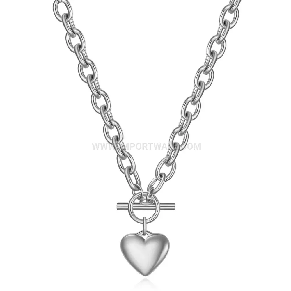 Polished Smooth Heart Pendant Stainless Steel Toggle Clasp Necklace