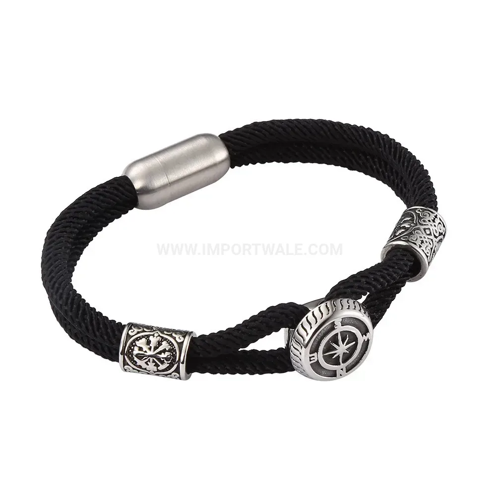 Dual-Strand Woven Leather Stainless Steel Viking Bracelet