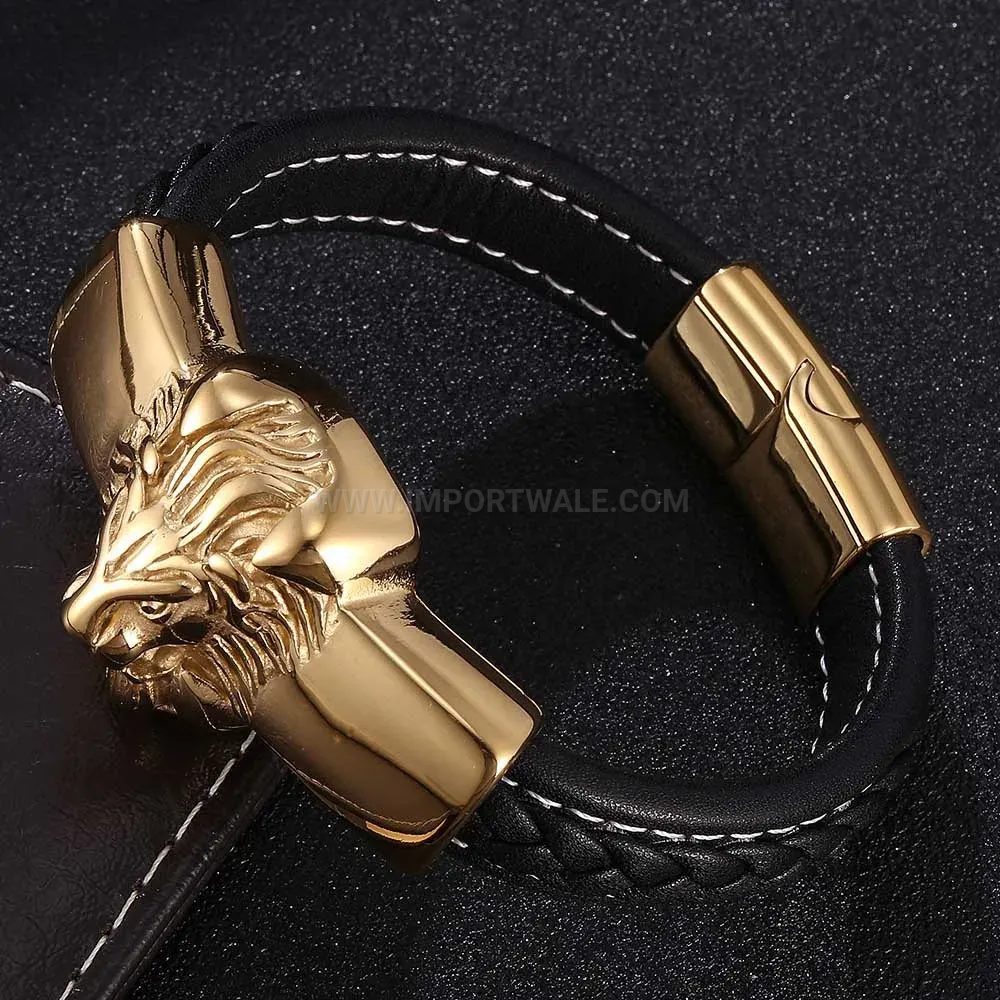 Chic Lion Head Stainless Steel Accent Leather Men Bracelet