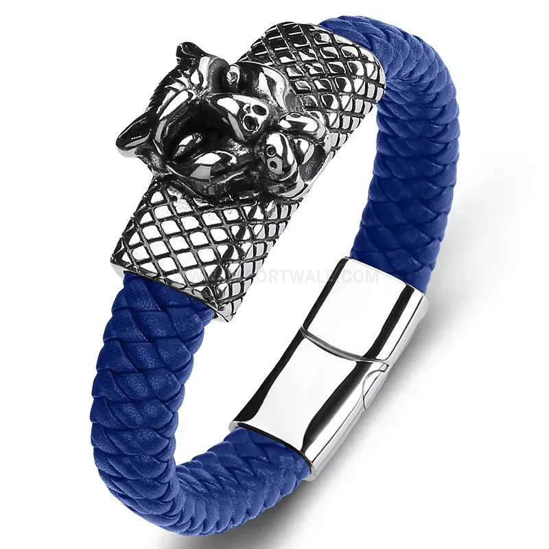 Elegant Cheetah Accent Stainless Steel Braided Leather Men Bracelet