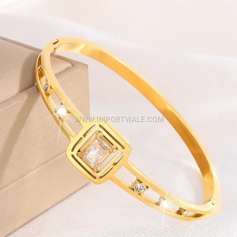Gold Plated Titanium Steel Square Stone Bangle