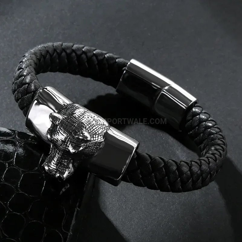 Fashion Horse Head Emblem Leather Stainless Steel Men Bracelet