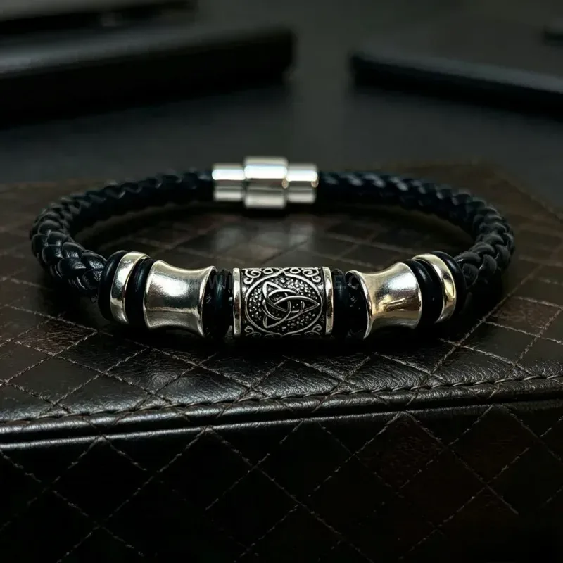 Elegant Men Braided Leather Bracelet with Viking Patterned Beads