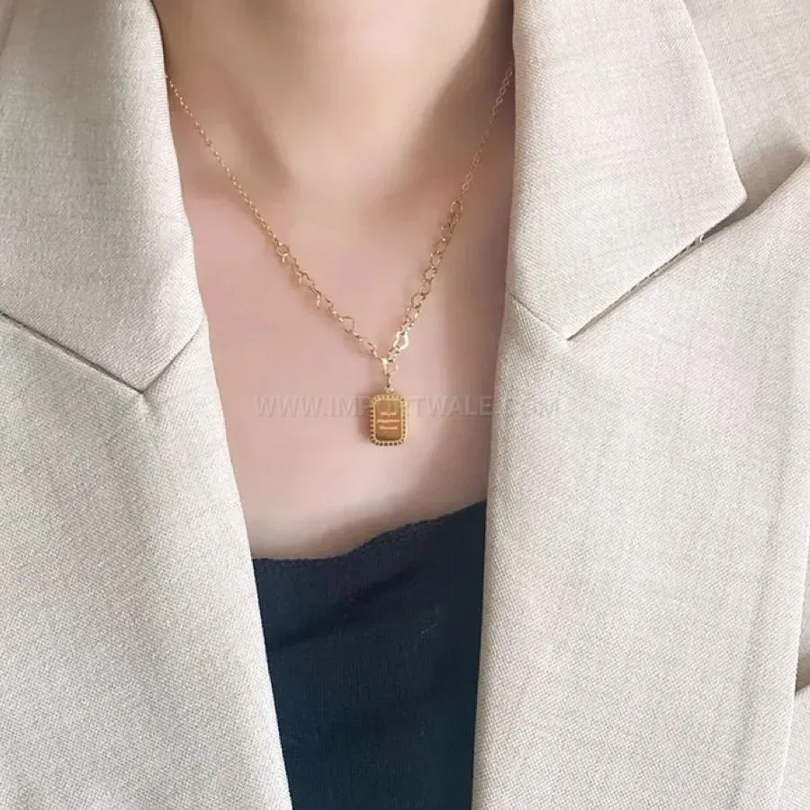 Modern Gold Plated Titanium Steel Heart Square Letter Tag Pendant Necklace