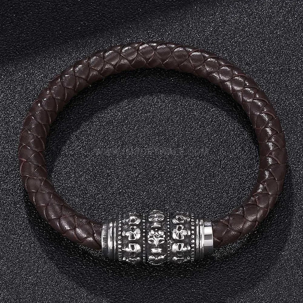 Classic Woven Leather Skull Bracelet with Stainless Steel Magnetic Clasp