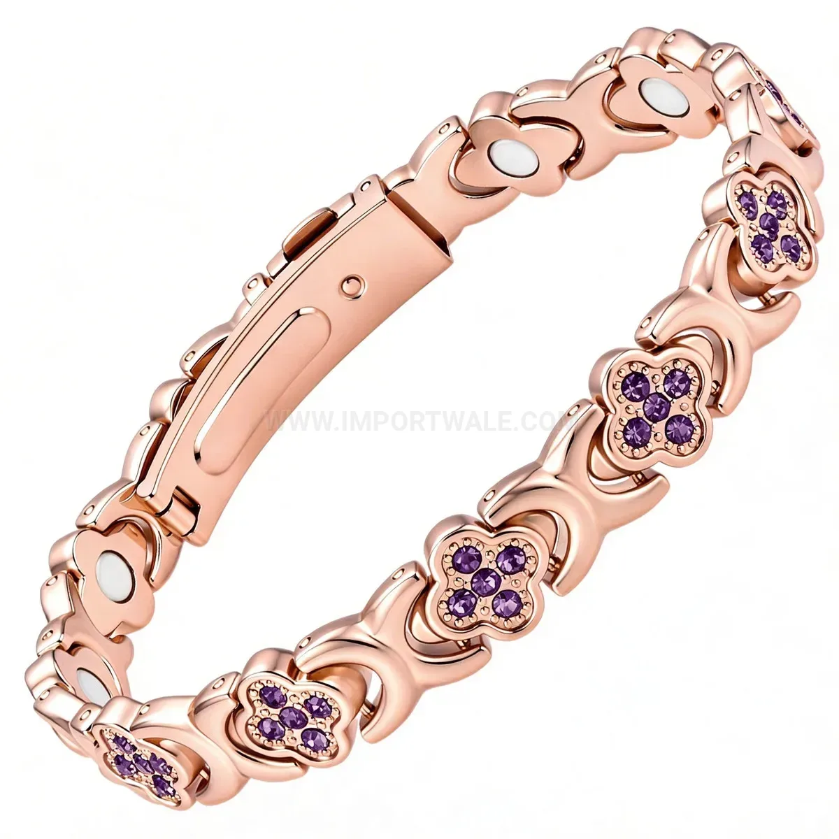 Classic Rose Gold Red Copper Four-Leaf Clover Rhinestone Magnetic Bracelet