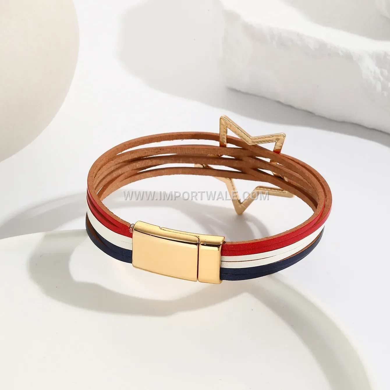 Multi-Strand Red White Blue Leather Bracelet With Star