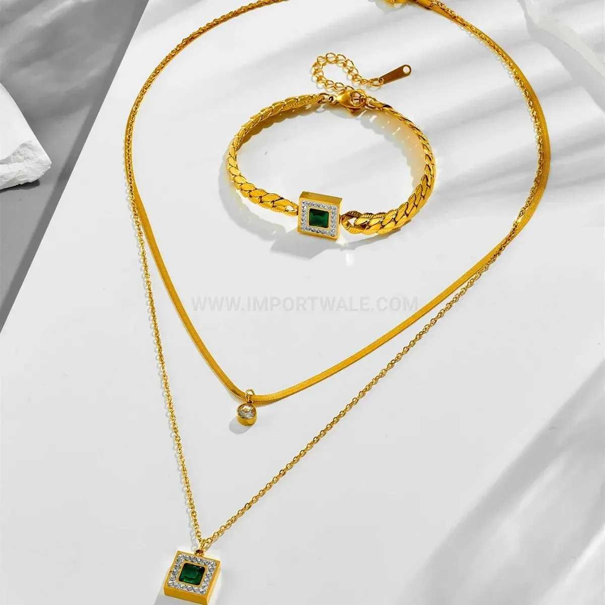 Premium Double Layer Titanium Steel Snake Chain Gemstone Pendant Necklace