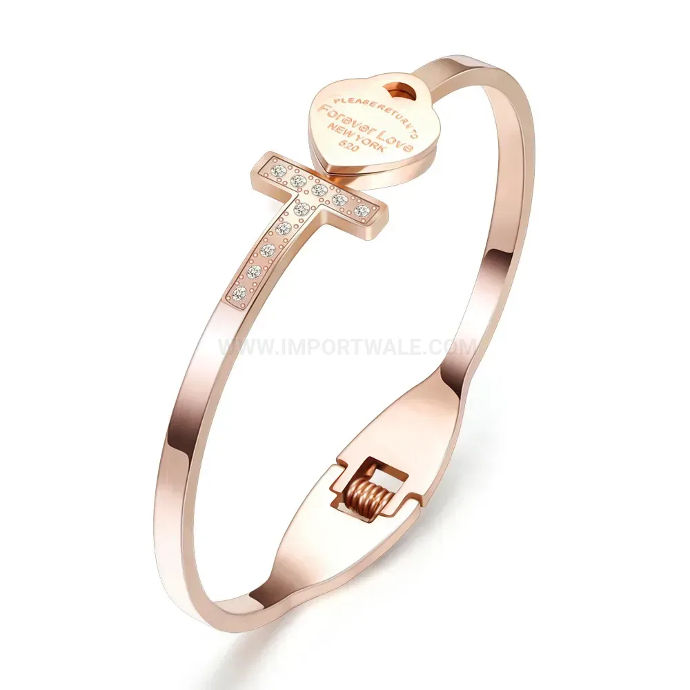 Premium Rhinestone Heart Cross T-Bar Lock Stainless Steel Bangle Bracelet
