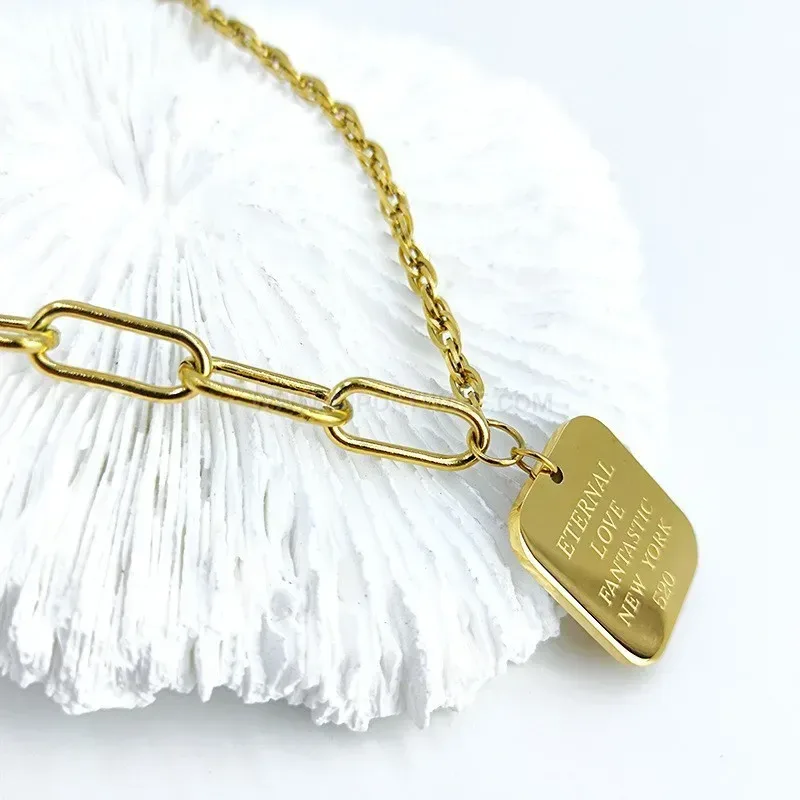 Designer Irregular Titanium Steel Square Tag Letter Pendant Chain Necklace