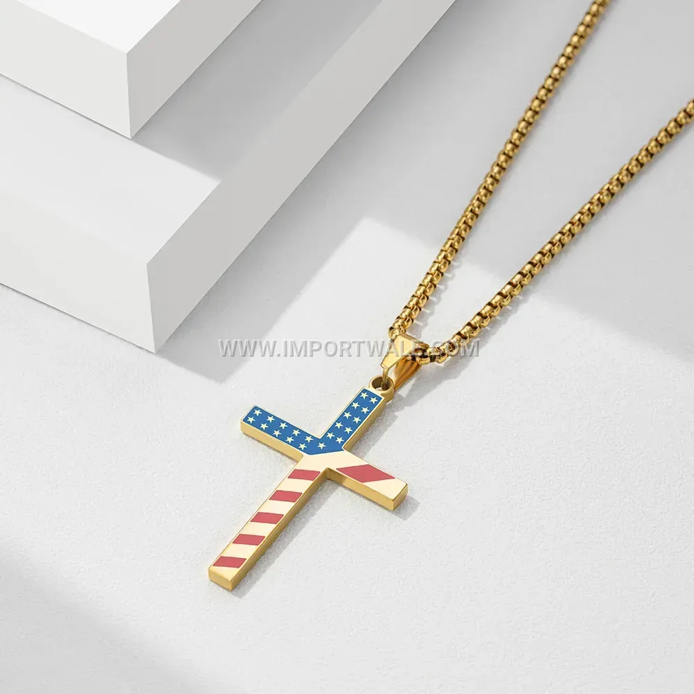 American Flag Enamel Cross Stainless Steel Pendant Necklace