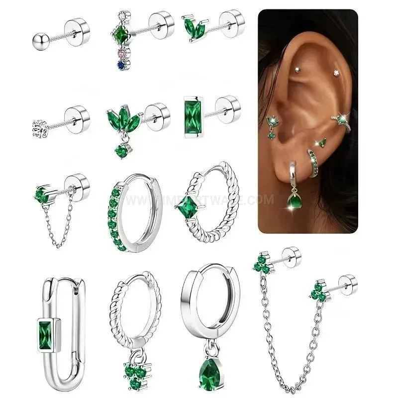 Modern Gold Plated Green Zircon Leaf Stud Earrings Set