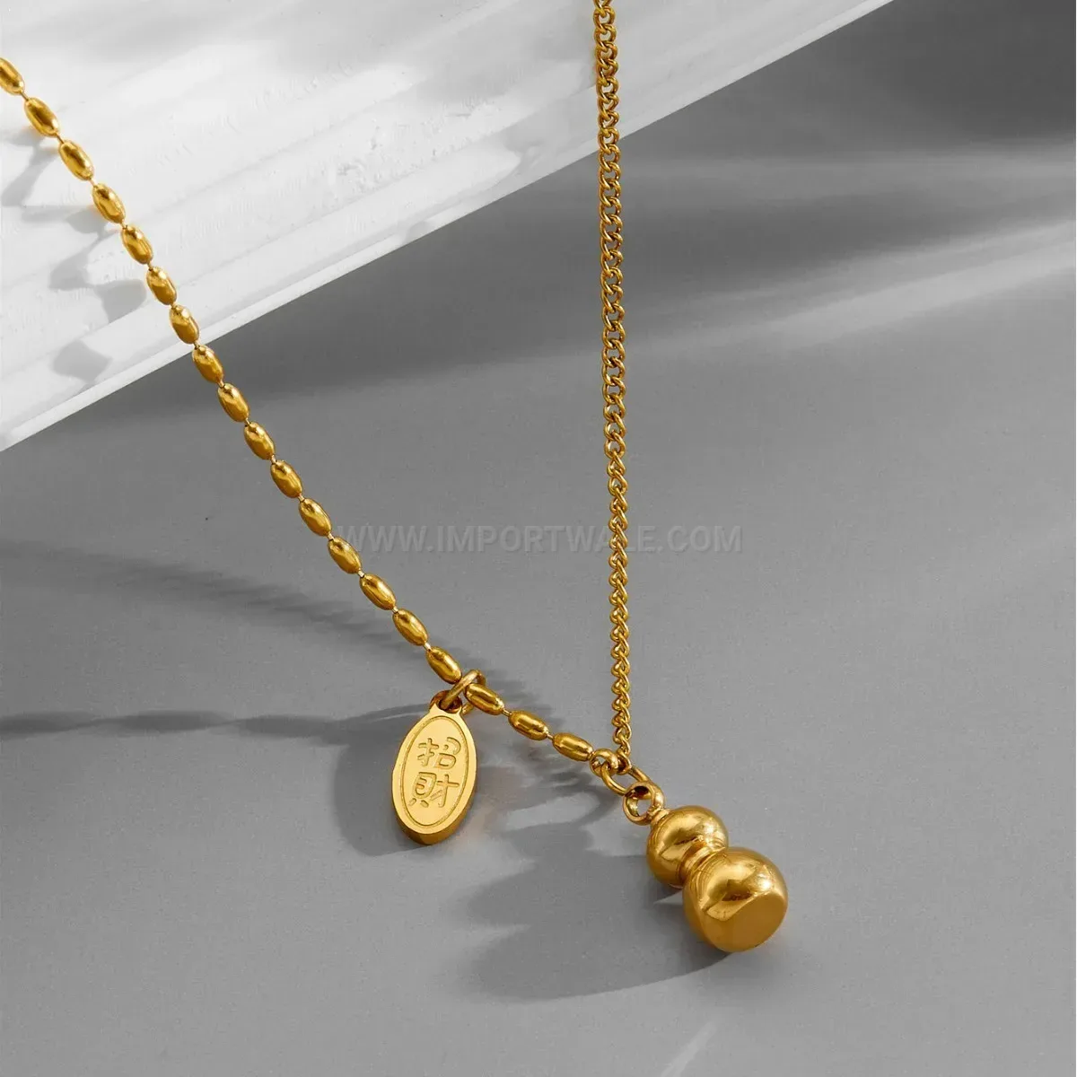 Trendy 18K Gold Vacuum Plated Titanium Steel Fortune Gourd Pendant Necklace