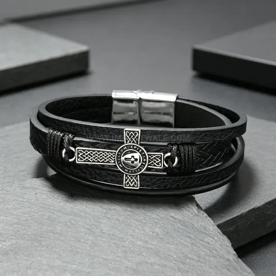 Trendy Multi Layer Braided Leather Cross Accent Bracelet
