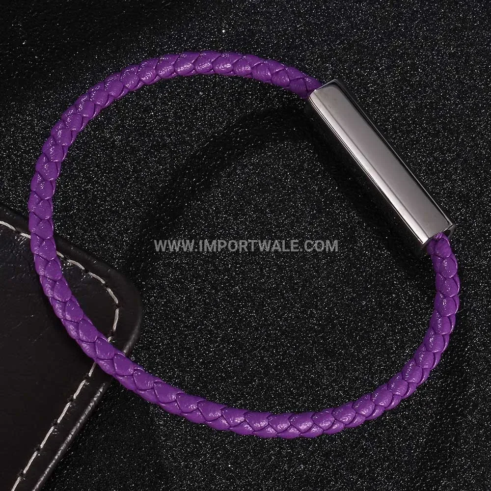 Woven Leather Bracelet with Polished Stainless Steel Magnetic Clasp