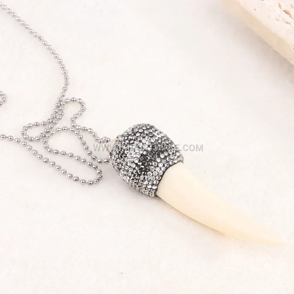 Vintage Faux Ivory Fang Pendant Resin Sweater Chain Necklace