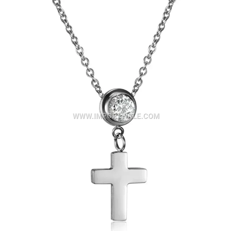 Layered Stainless Steel Cross Pendant Necklace Set with Cubic Zirconia
