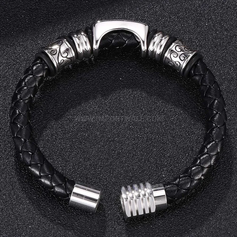 Patterned Braided Leather Magnetic Cuff with Stainless Steel Details