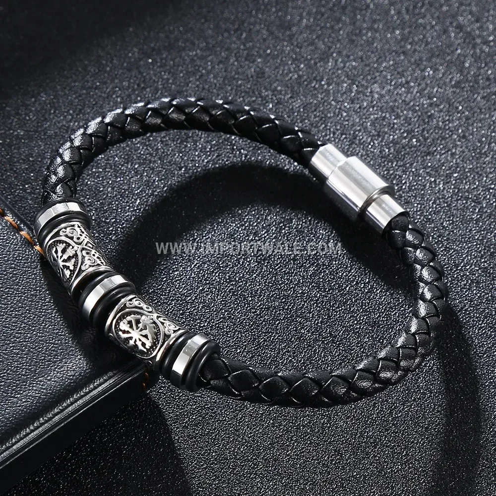 Woven Braided Leather and Stainless Steel Charm Bracelet