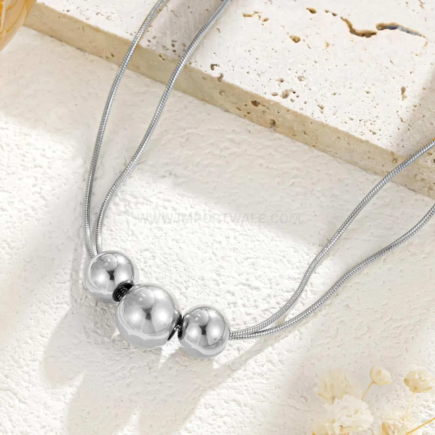Bold Layered Stainless Steel Metallic Bead Accent Snake Chain Necklace