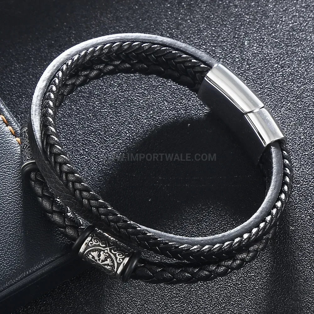 Multi Layer Braided Leather Stainless Steel Magnetic Clasp Bracelet