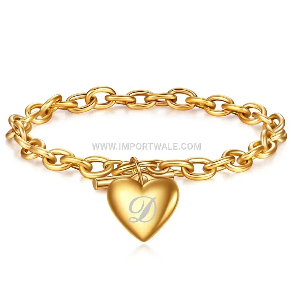 Sleek Stainless Steel Heart Letter Pendant Toggle Bracelet