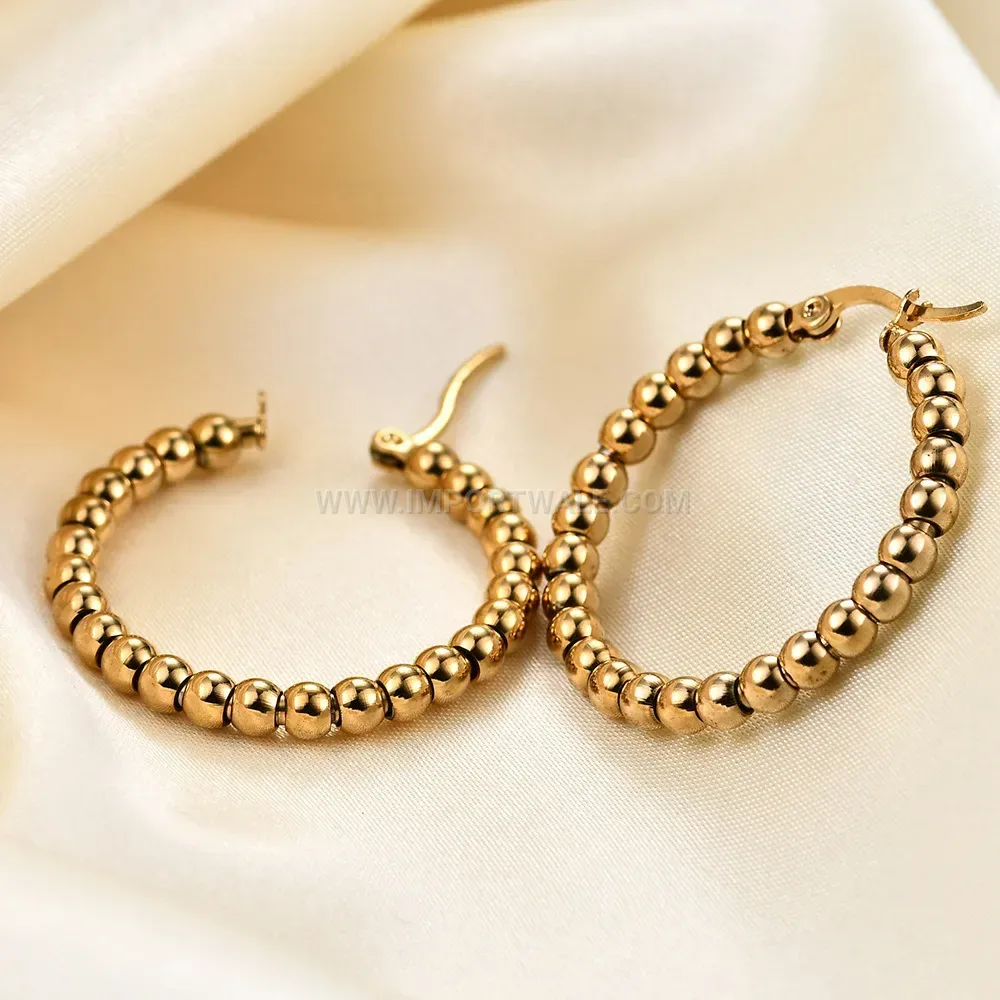 Minimalist 14K Gold Plated Stainless Steel C-Shape Round Bead Hoop Earrings