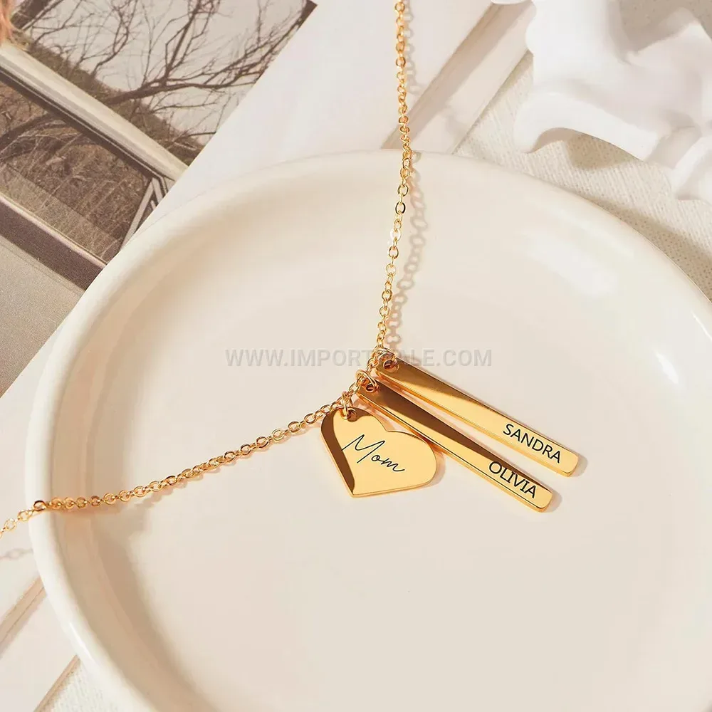 Heart and Bar Charm Stainless Steel Pendant Necklace