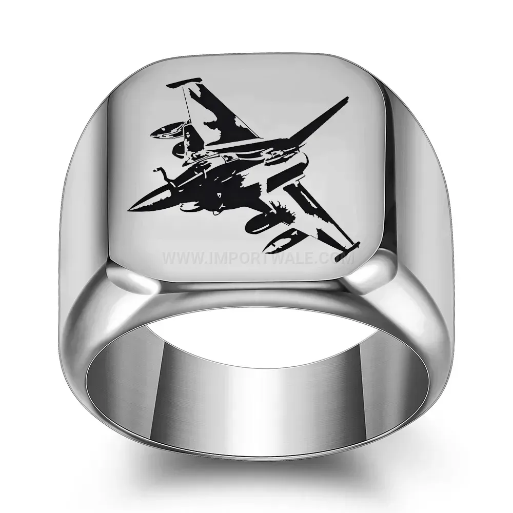 Modern Engraved Fighter Jet Square Stainless Steel Signet Ring