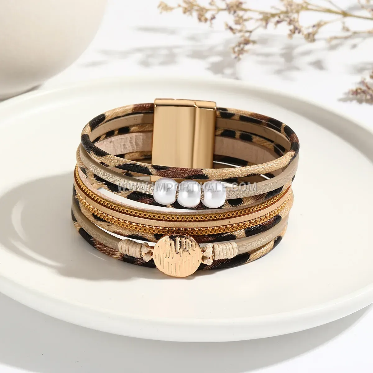 Leopard Print Faux Pearl Multi Layer Magnetic Bracelet