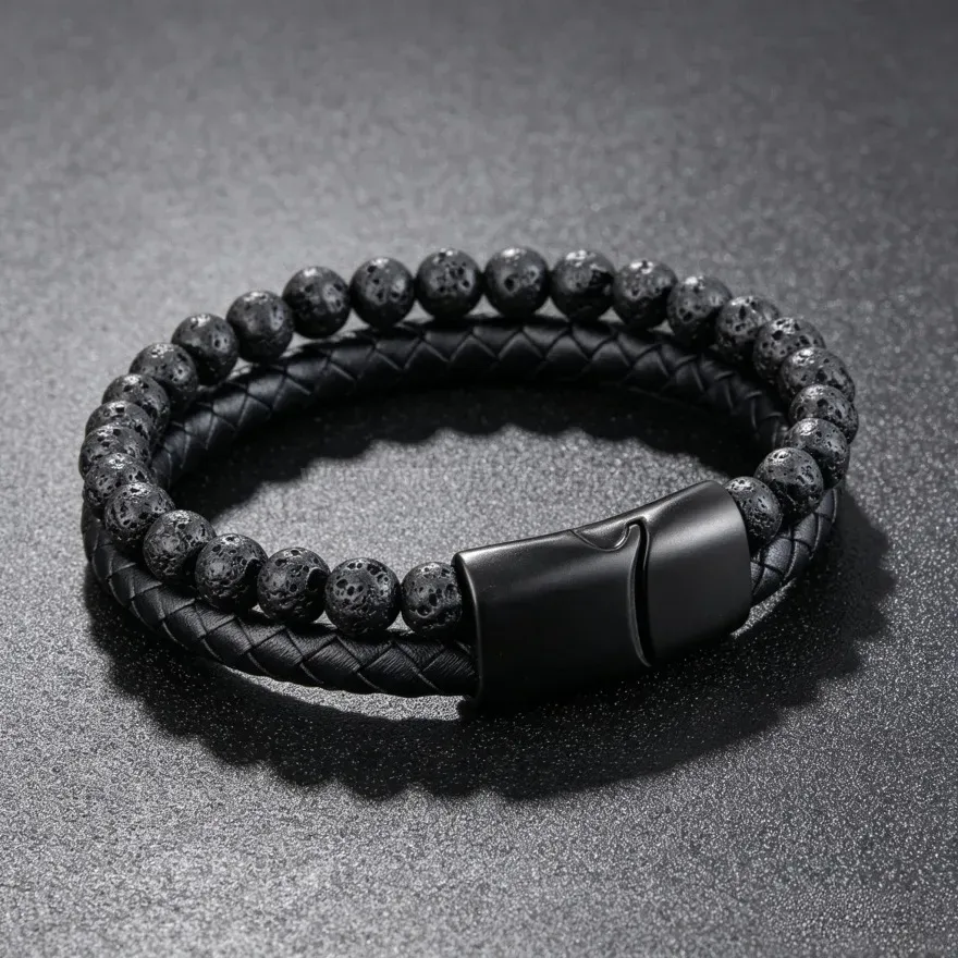 Chic Multi Strand Leather and Lava Stone Beaded Men's Bracelet