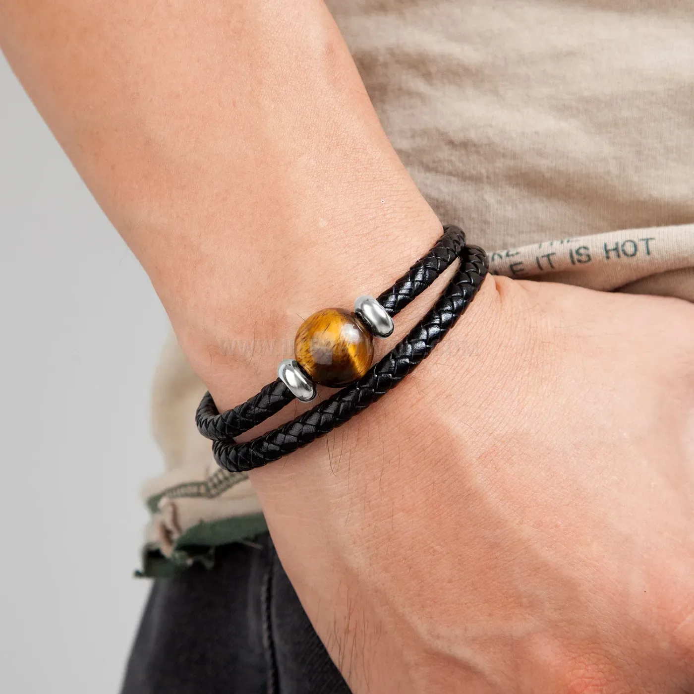 Double-Strand Braided Leather Natural Stone Magnetic Bracelet