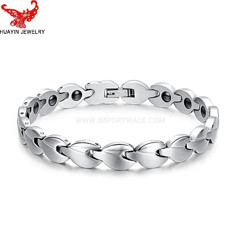 Classic Unisex Silver Titanium Steel Bio Magnetic Bracelet with Hematite Inlays
