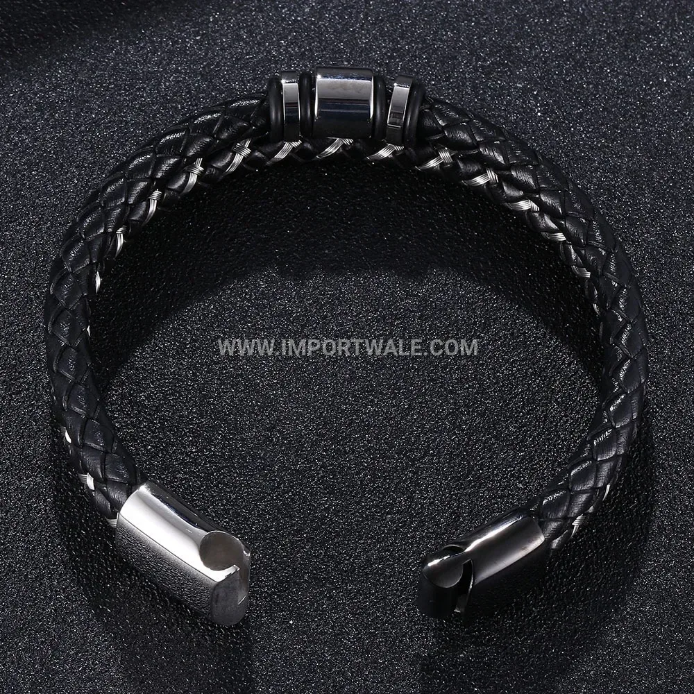 Double-Layer Steel Wire and Vintage Leather Men's Braided Bracelet