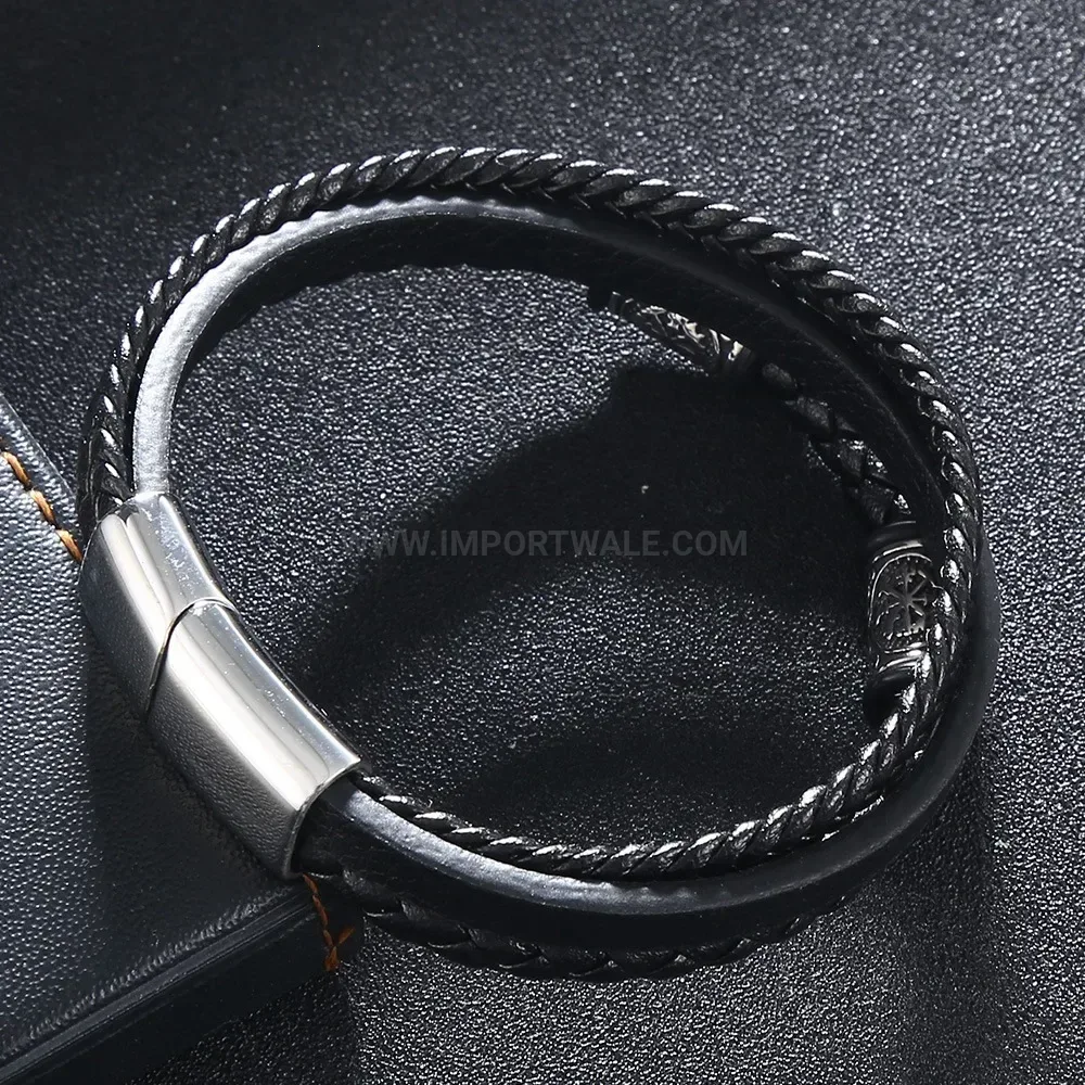 Multi Layer Braided Leather Stainless Steel Magnetic Clasp Bracelet