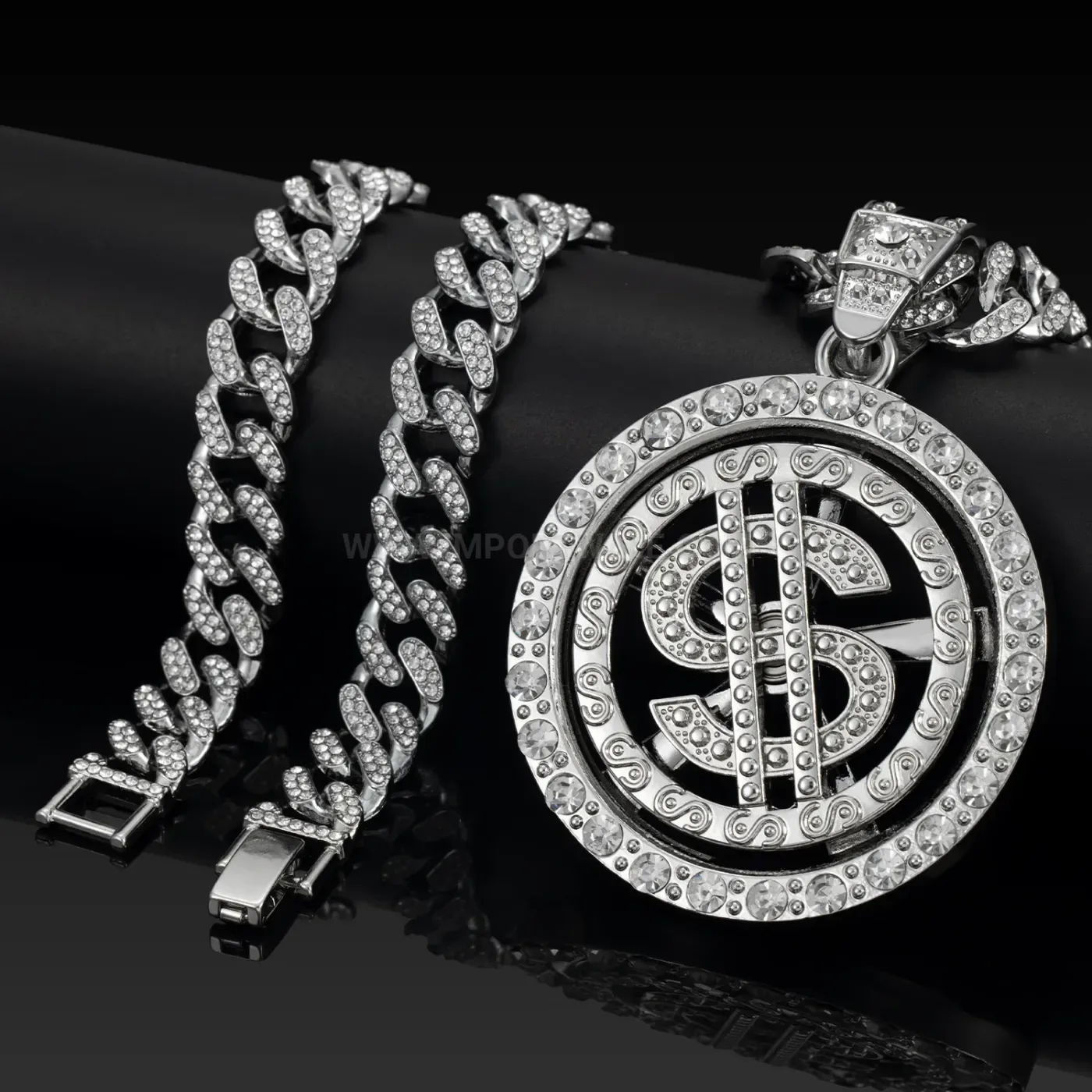 Rotating US Dollar Sign Alloy Pendant Cuban Necklace