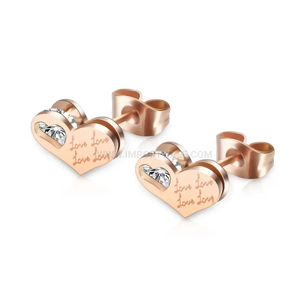 Laser Engraved Love Heart Stainless Steel Crystal Stud Earrings