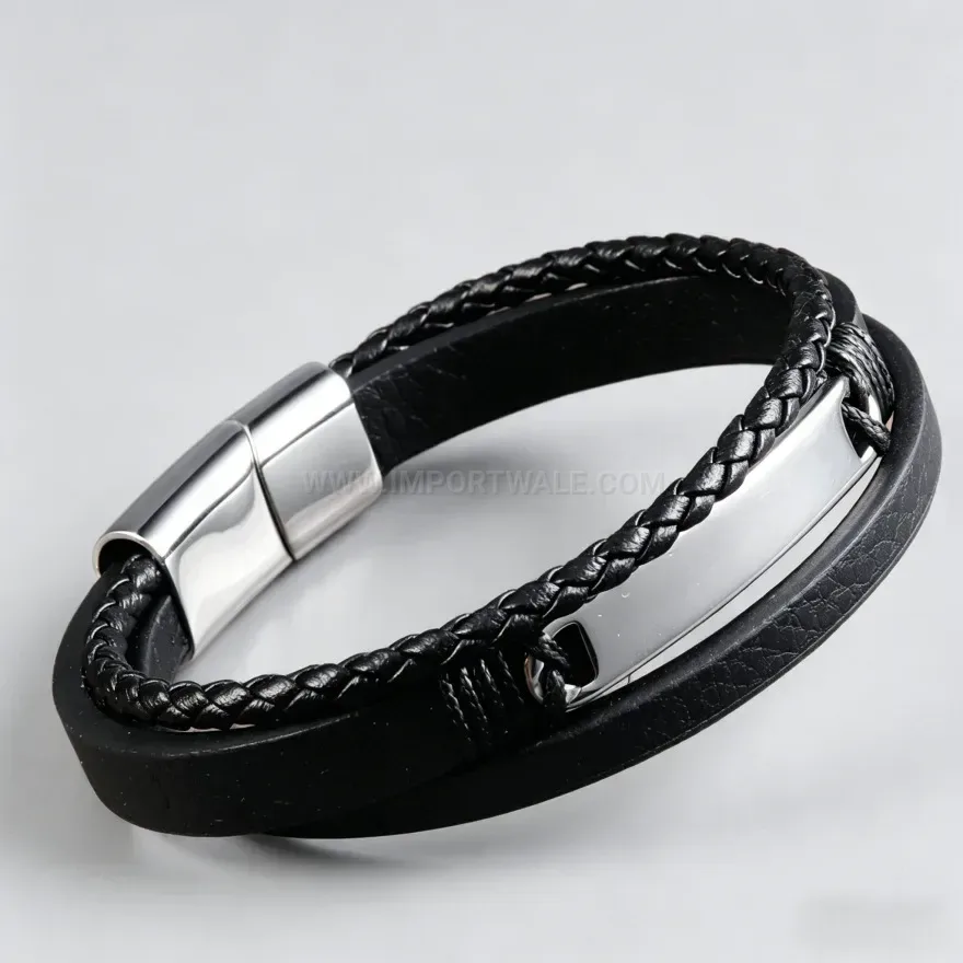 Modern Multi Layer Braided Leather Wristband with Stainless Steel Magnetic Clasp