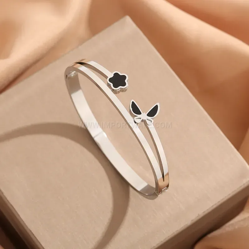 Floral Butterfly Motif Titanium Steel Bangle