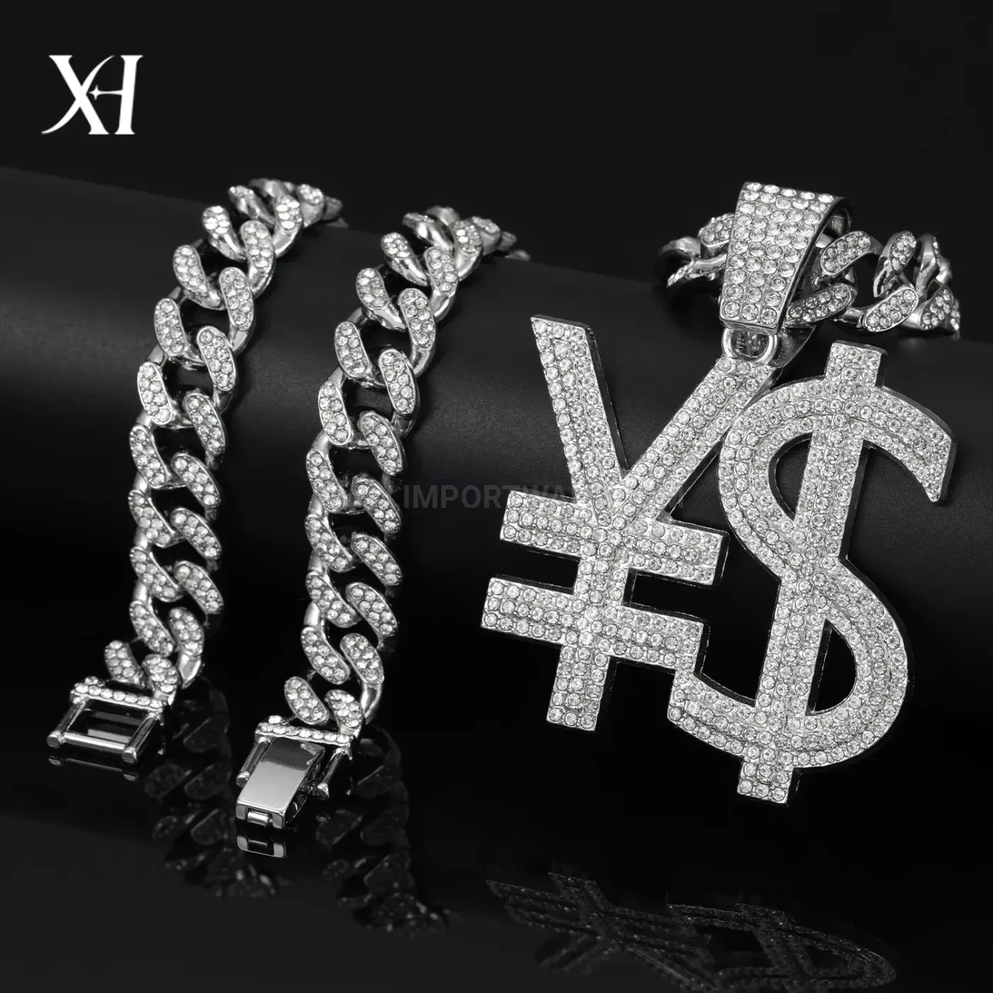 Modern Pave Crystal Dollar Sign Pendant Cuban Necklace