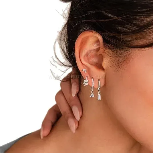 Designer Asymmetric Stainless Steel Zirconia Floral Cartilage Earring Set