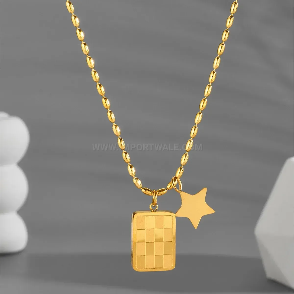 Fashion Gold Plated Titanium Steel Checkerboard Square Pendant Necklace
