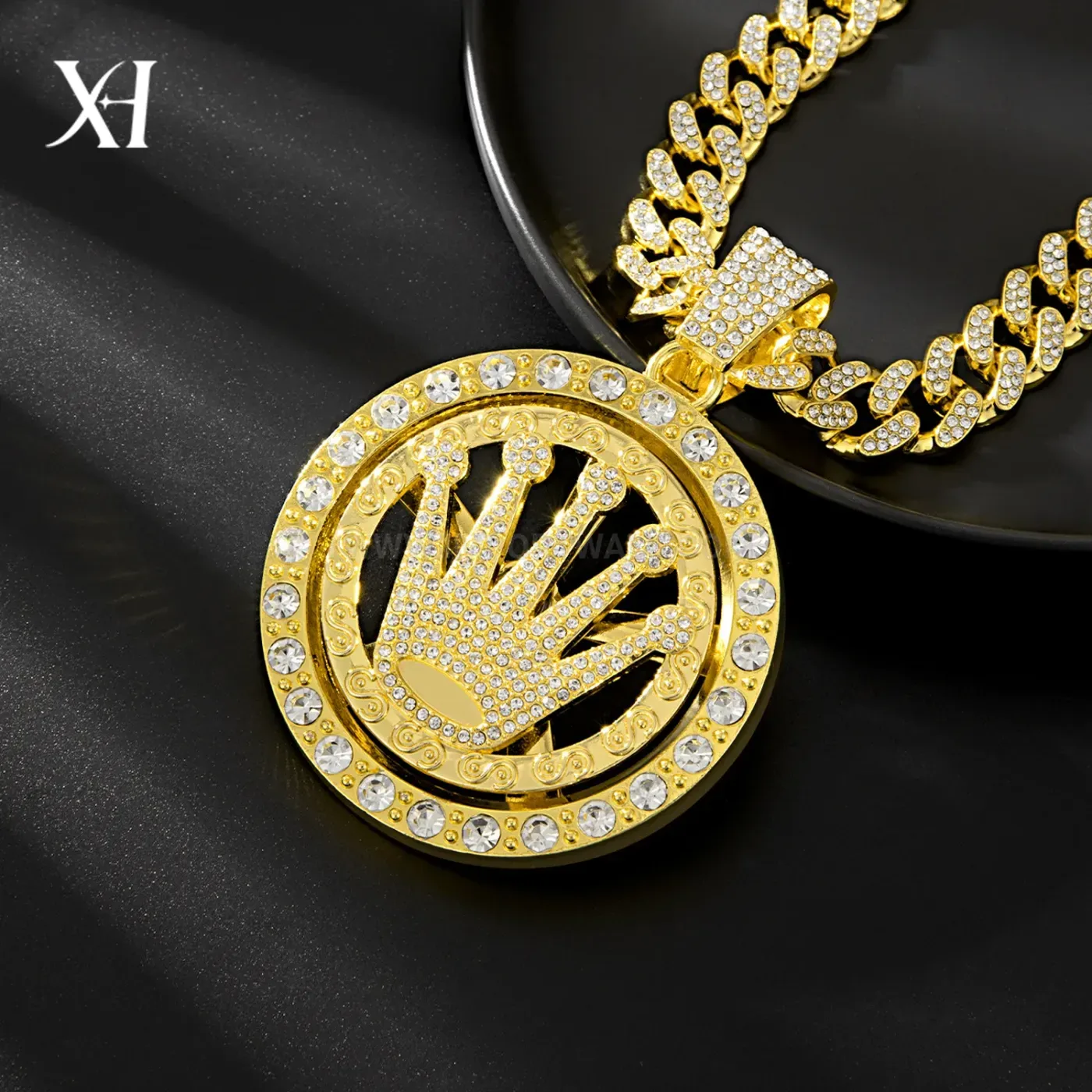 Modern Spinning Crown Motif Cuban Chain Pendant Necklace