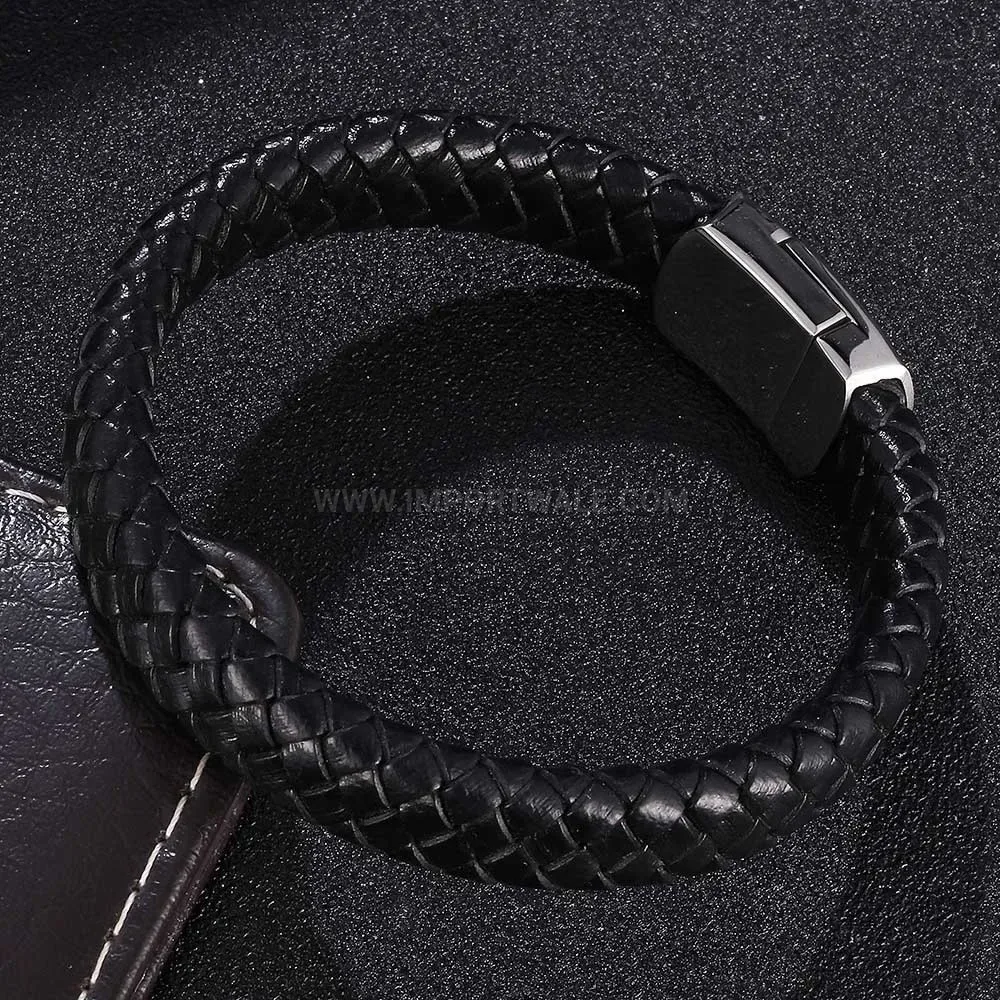 Double Layer Braided Leather Stainless Steel Clasp Bracelet