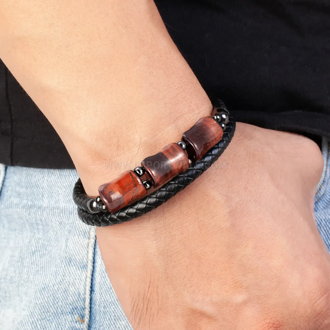 Bamboo Joint Stone Leather Cording Bracelet with Stainless Steel Clasp