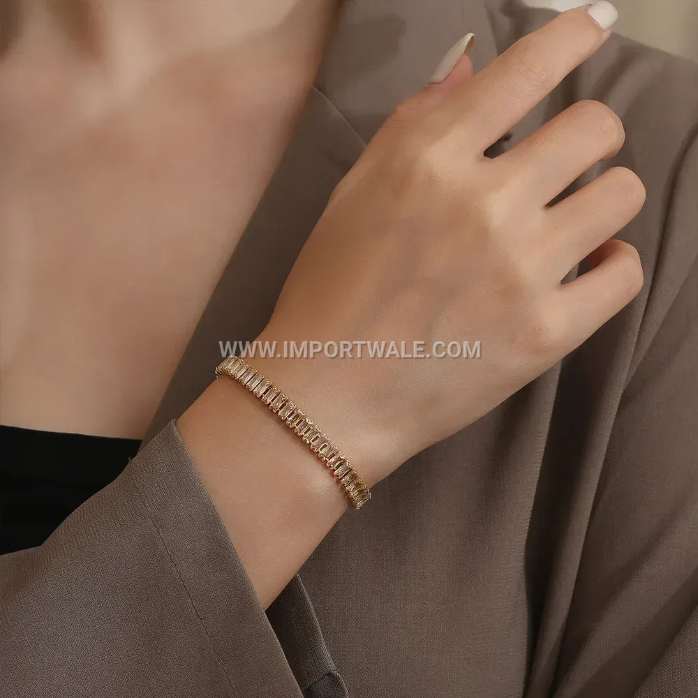 Full Zircon Geometric Gold Plated Titanium Steel Link Bracelet