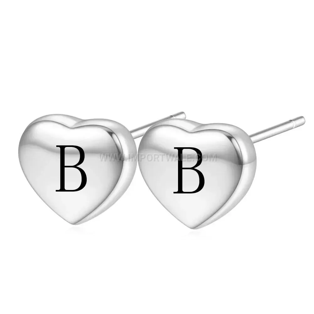 Sleek Engraved Initial Heart Stainless Steel Stud Earrings