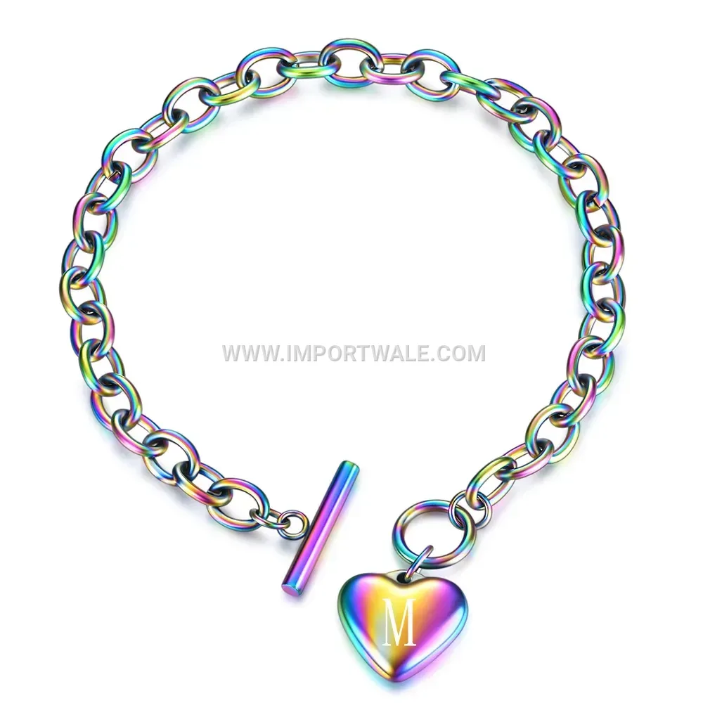 Stainless Steel Initial Heart Pendant Bracelet with OT Toggle Clasp